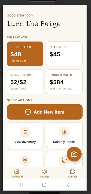 Turn The Paige dashboard showing sales, profit, inventory, unsold value, and quick actions